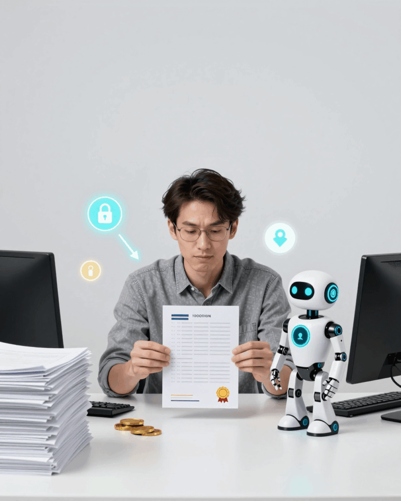 Teacher reviewing written course work with a small robot assistant at a computer