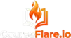 Courseflare LMS Logo with flaming book logo and text reading courseflare.io