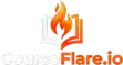 Courseflare LMS Logo with flaming book logo and text reading courseflare.io